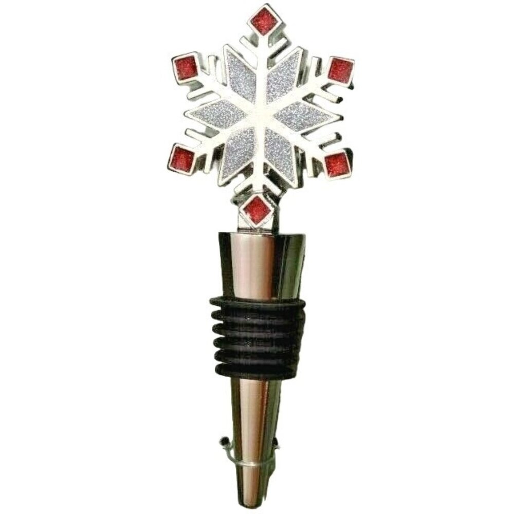 Silver Snowflake Wine Bottle Stopper Red Square Rhinestones Holiday Gift New